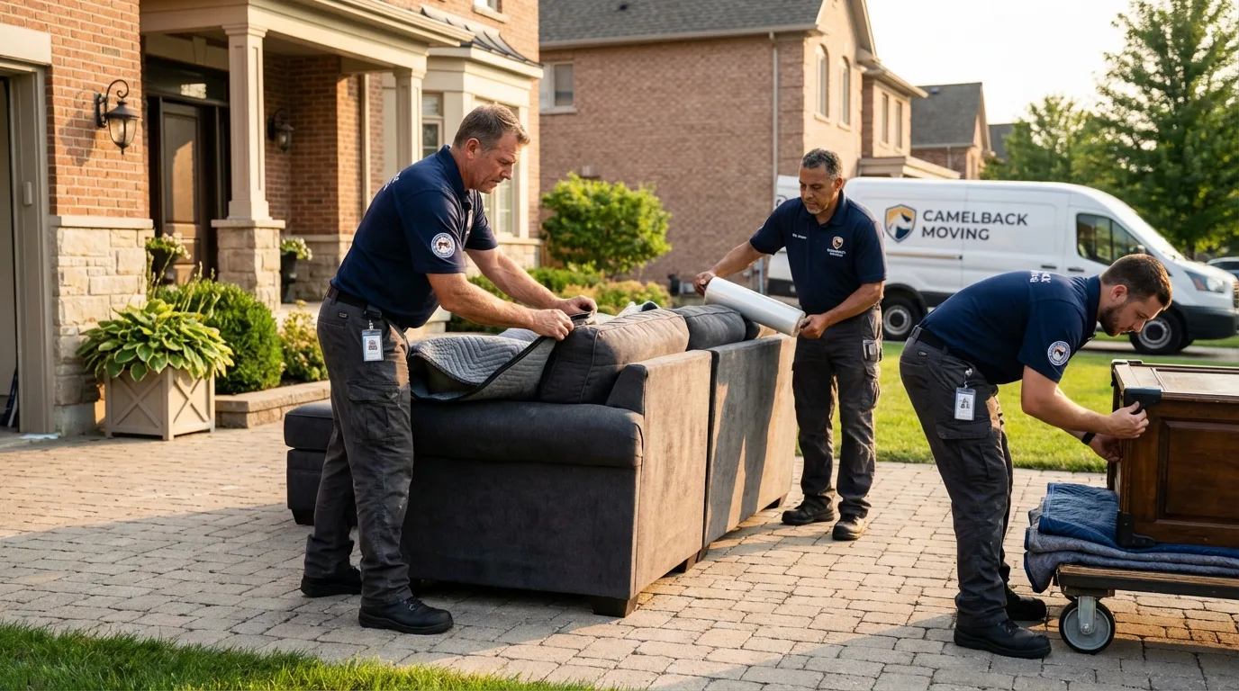 Large estate moving crew wrapping furniture in Englewood, NJ
