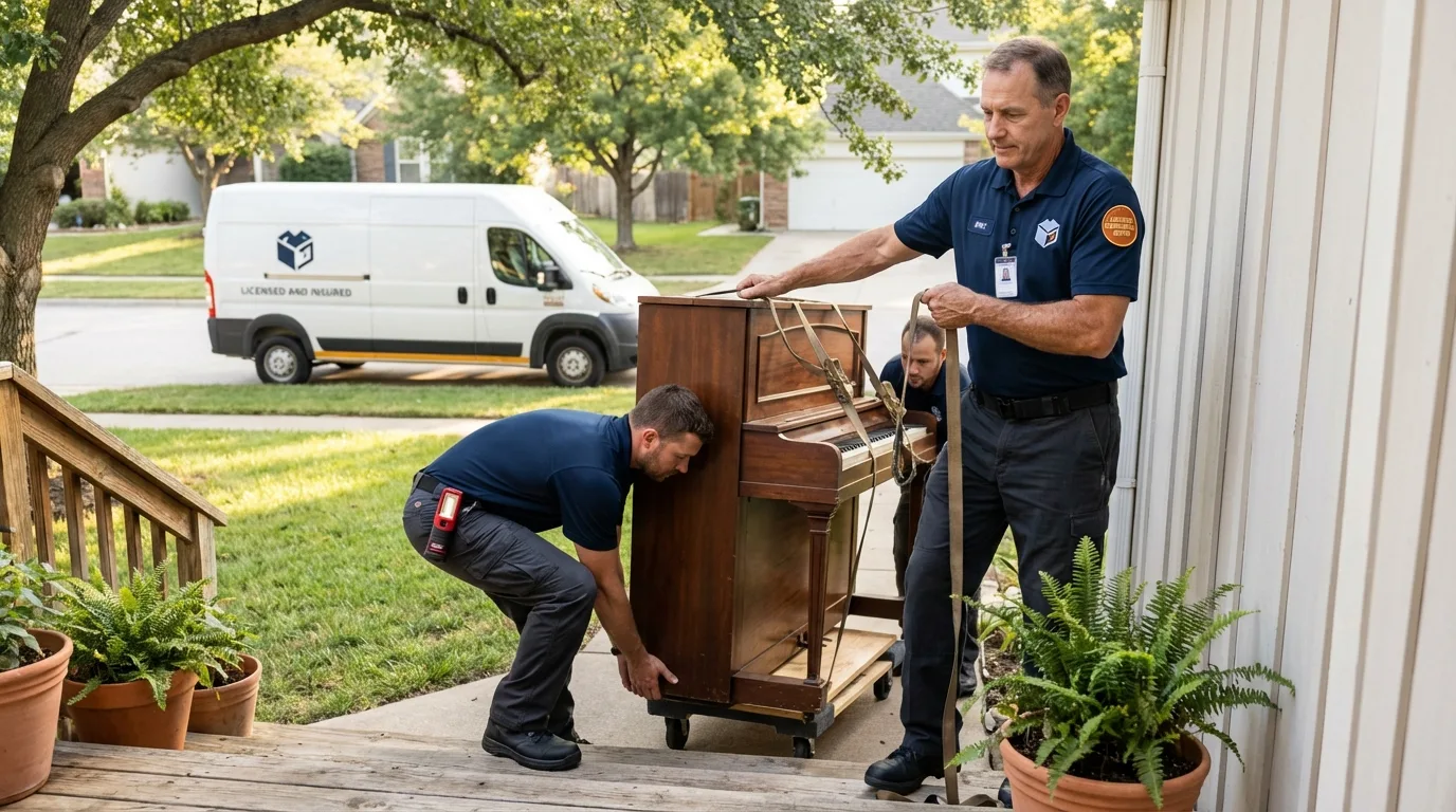 Licensed piano movers securing grand piano in Englewood, NJ