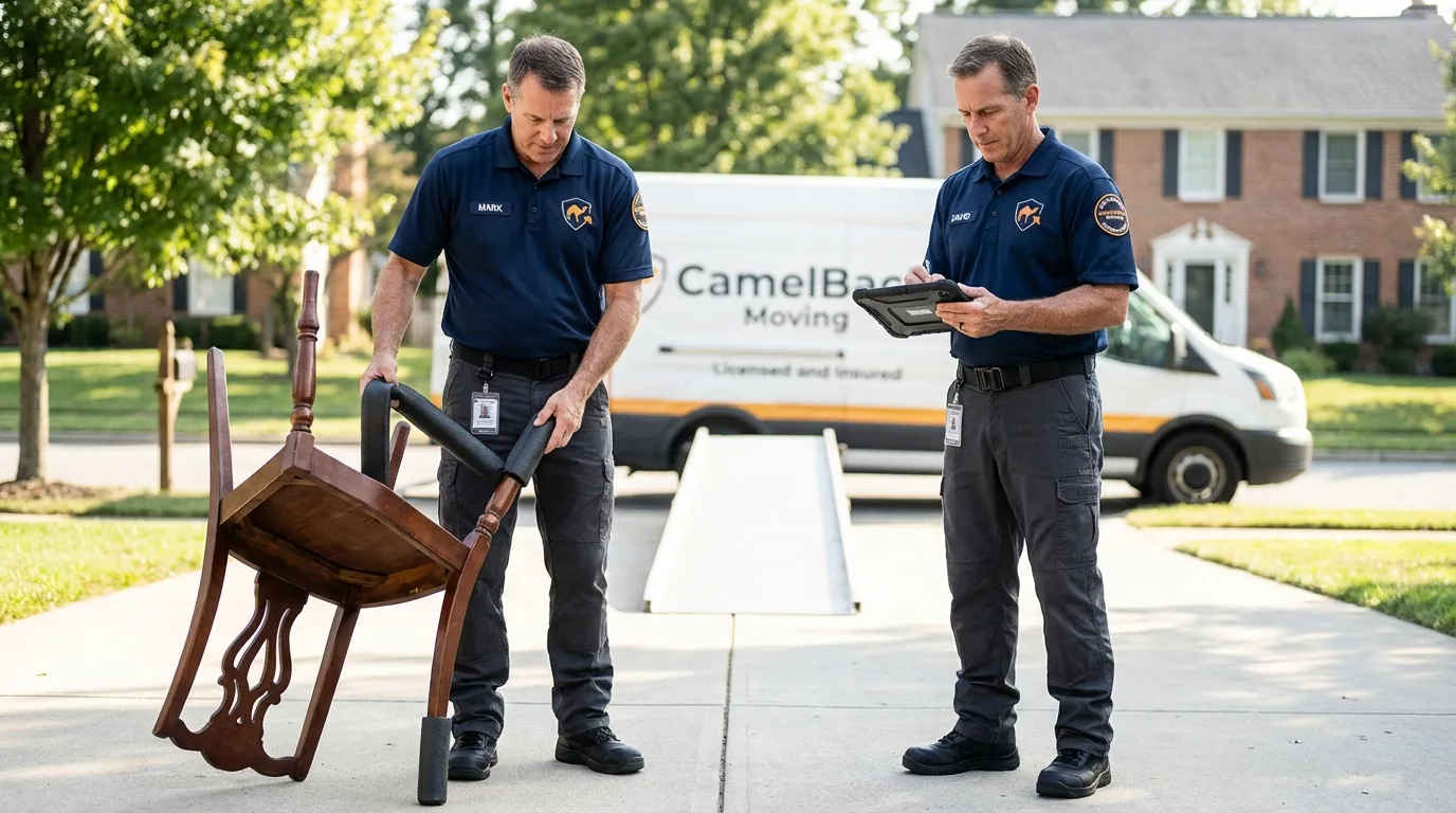 Movers inspecting furniture for damage prevention before loading in Englewood, NJ