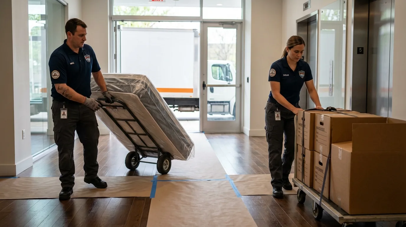 Professional apartment movers loading elevator in Englewood, NJ